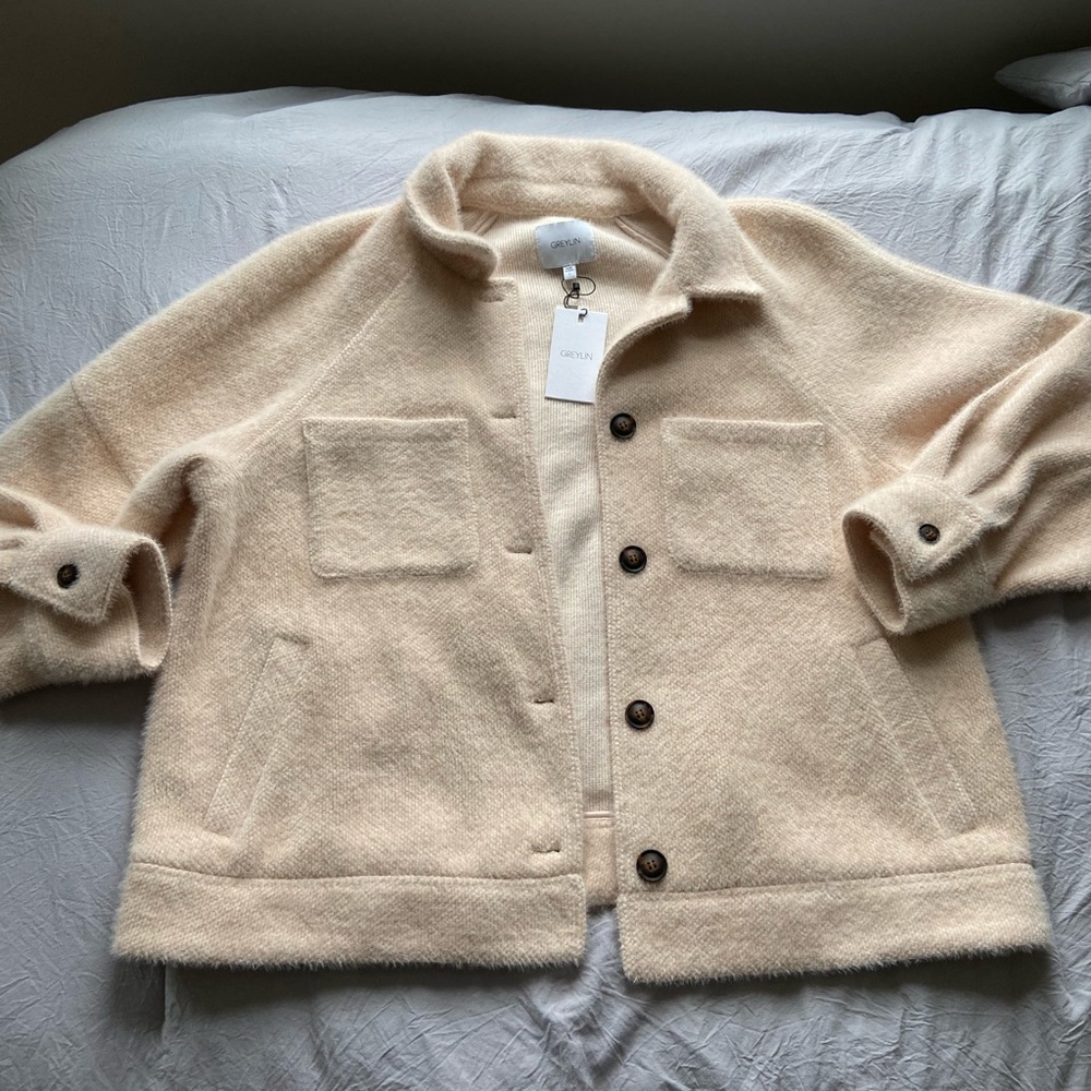 Peachy pink button-up Anthropologie jacket
